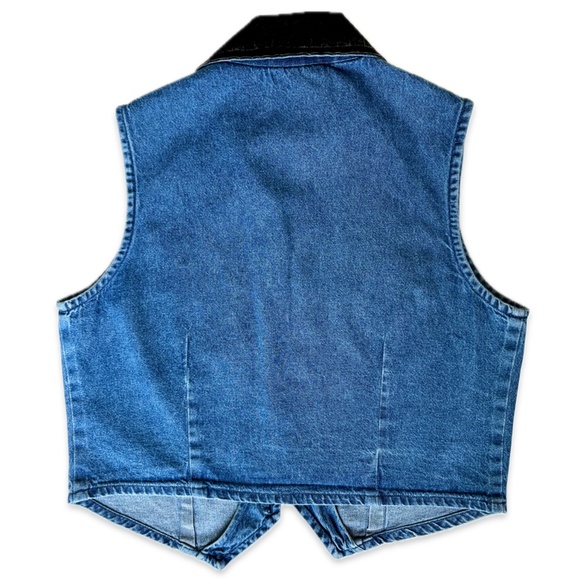 Vintage 1990's Embroidered Denim Vest w Black Collar - Picture 2 of 4